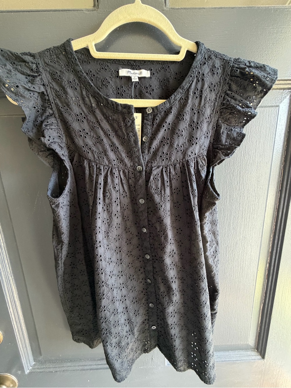 Madewell Black Eyelet Button-Front Flutter Sleeve Top